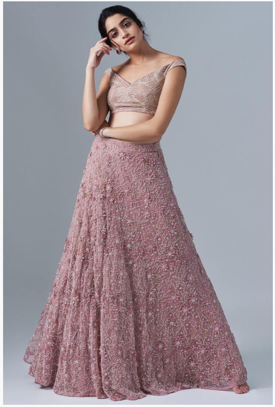 image of lehenga with off-shoulder blouse
